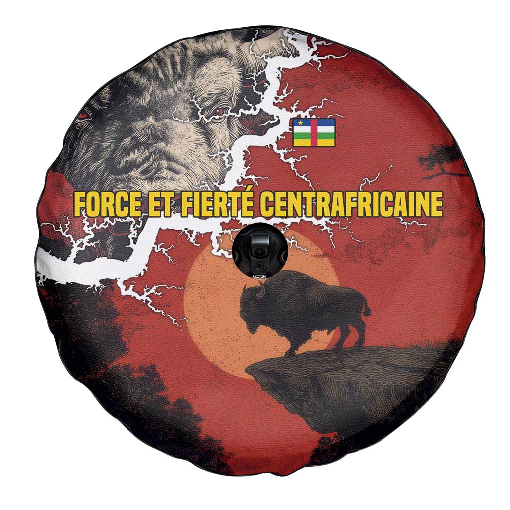 Central African Republic Spare Tire Cover with Red Black Nature Design and Buffalo Pattern TS04