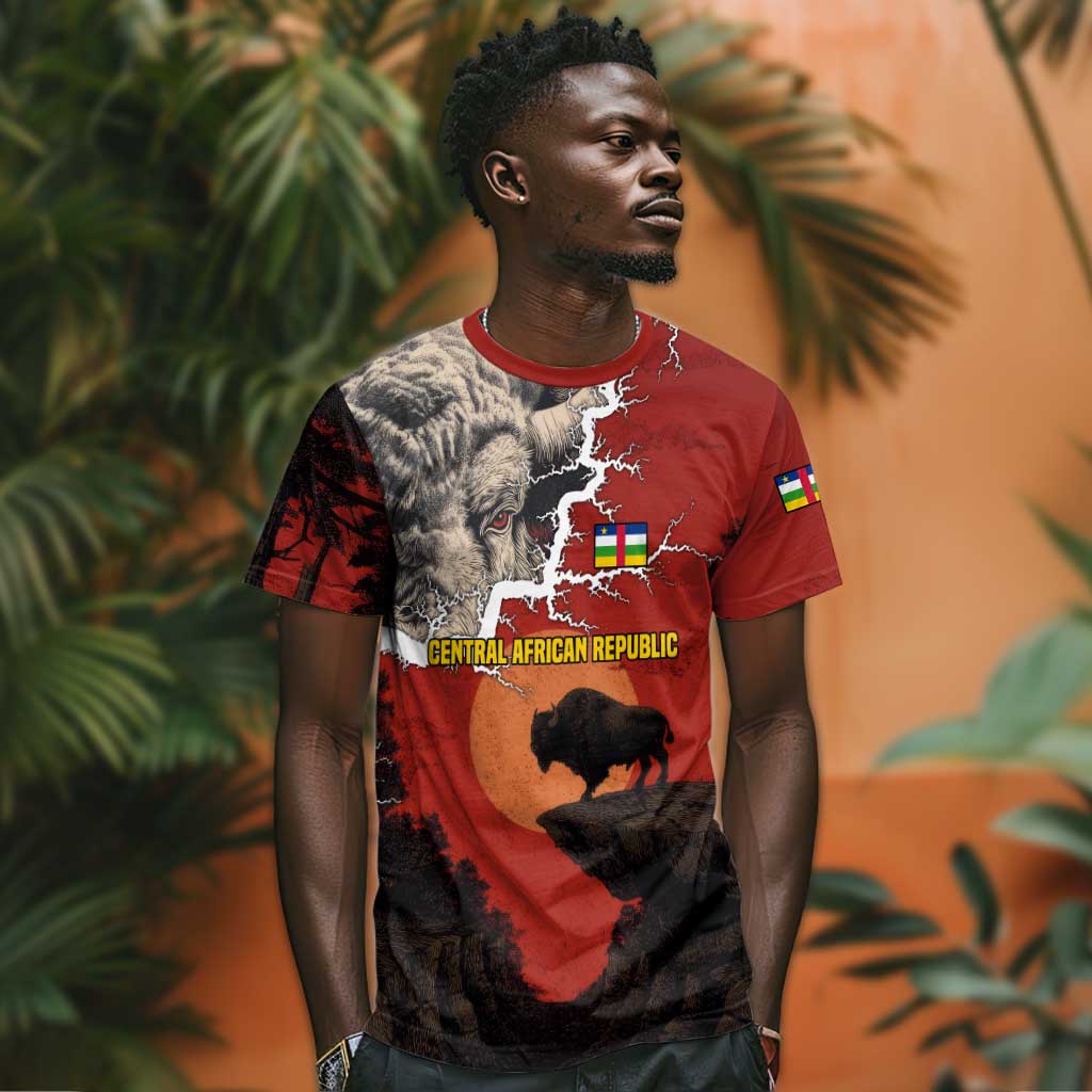 Central African Republic T shirt Red Black Nature Design and Buffalo TS04