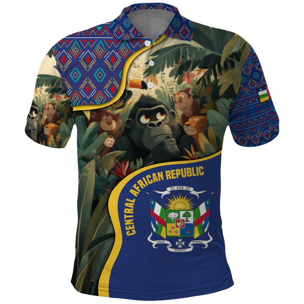 Central African Republic Polo Shirt with Jungle Animal Design and National Emblem Pattern TS04