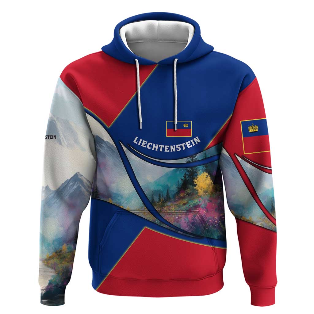 Liechtenstein Hoodie with Red Blue Mountain Landscape Design and Crown Emblem TS04
