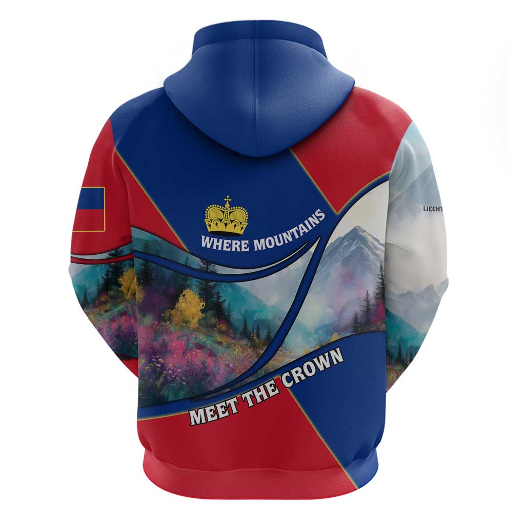 Liechtenstein Hoodie with Red Blue Mountain Landscape Design and Crown Emblem TS04