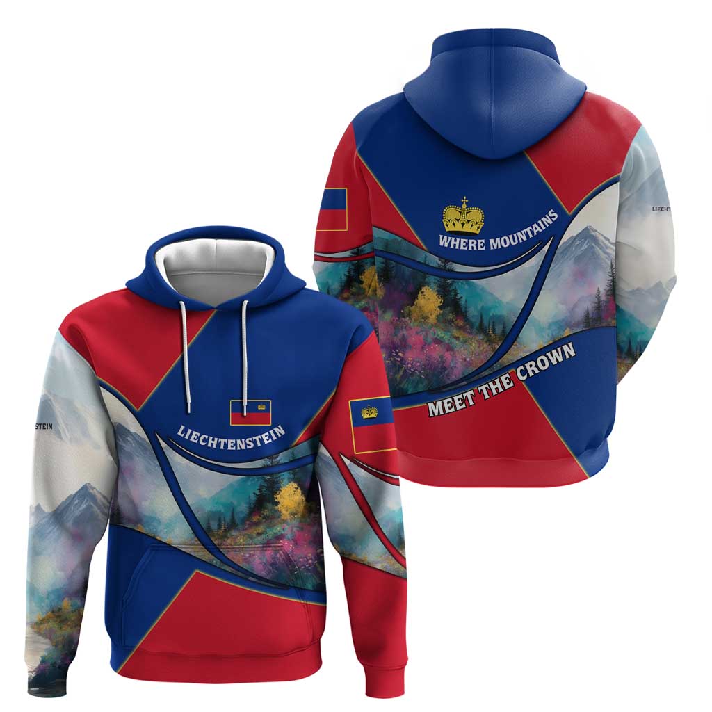 Liechtenstein Hoodie with Red Blue Mountain Landscape Design and Crown Emblem TS04