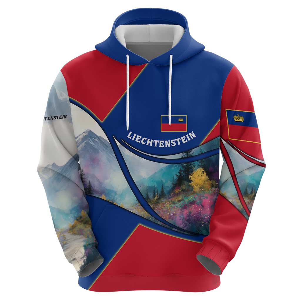 Liechtenstein Hoodie with Red Blue Mountain Landscape Design and Crown Emblem TS04