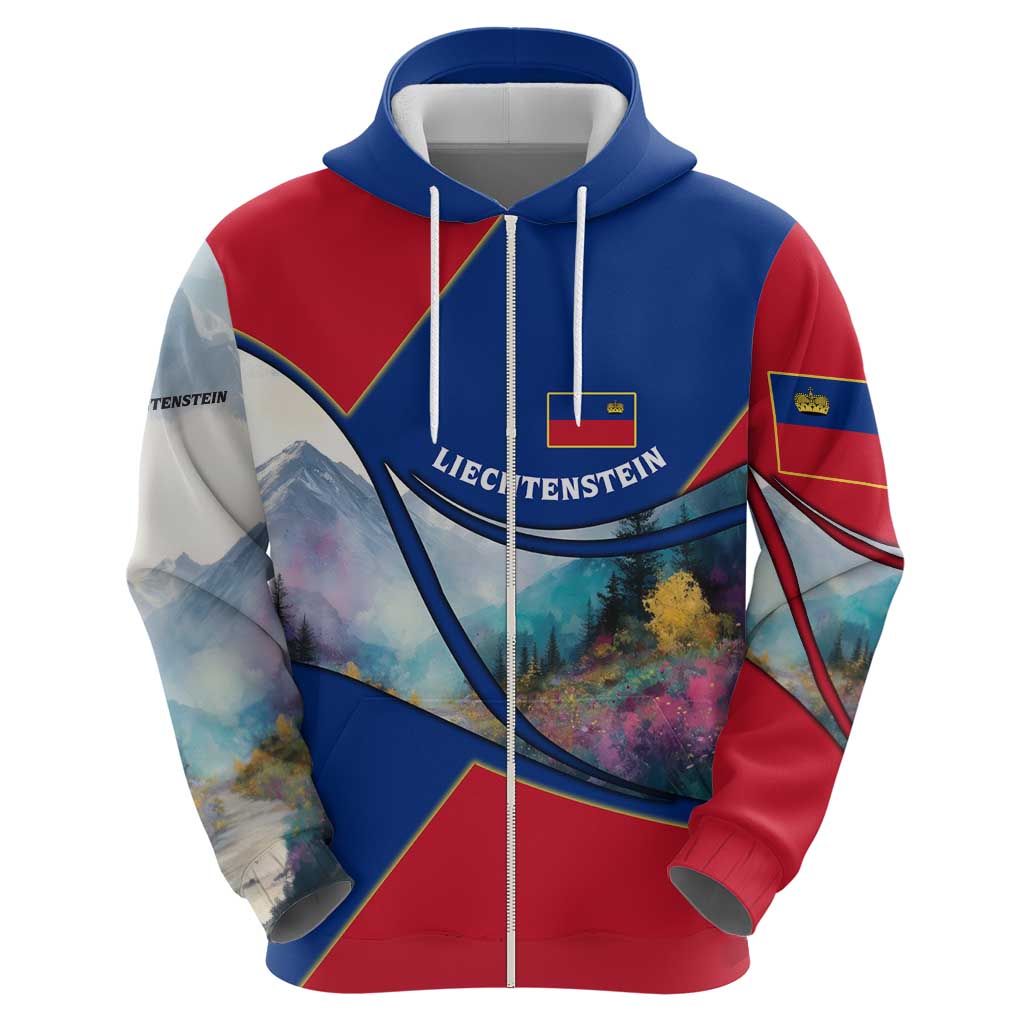 Liechtenstein Hoodie with Red Blue Mountain Landscape Design and Crown Emblem TS04