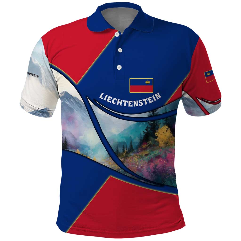 Liechtenstein Polo Shirt with Red Blue Mountain Landscape Design and Crown Emblem TS04