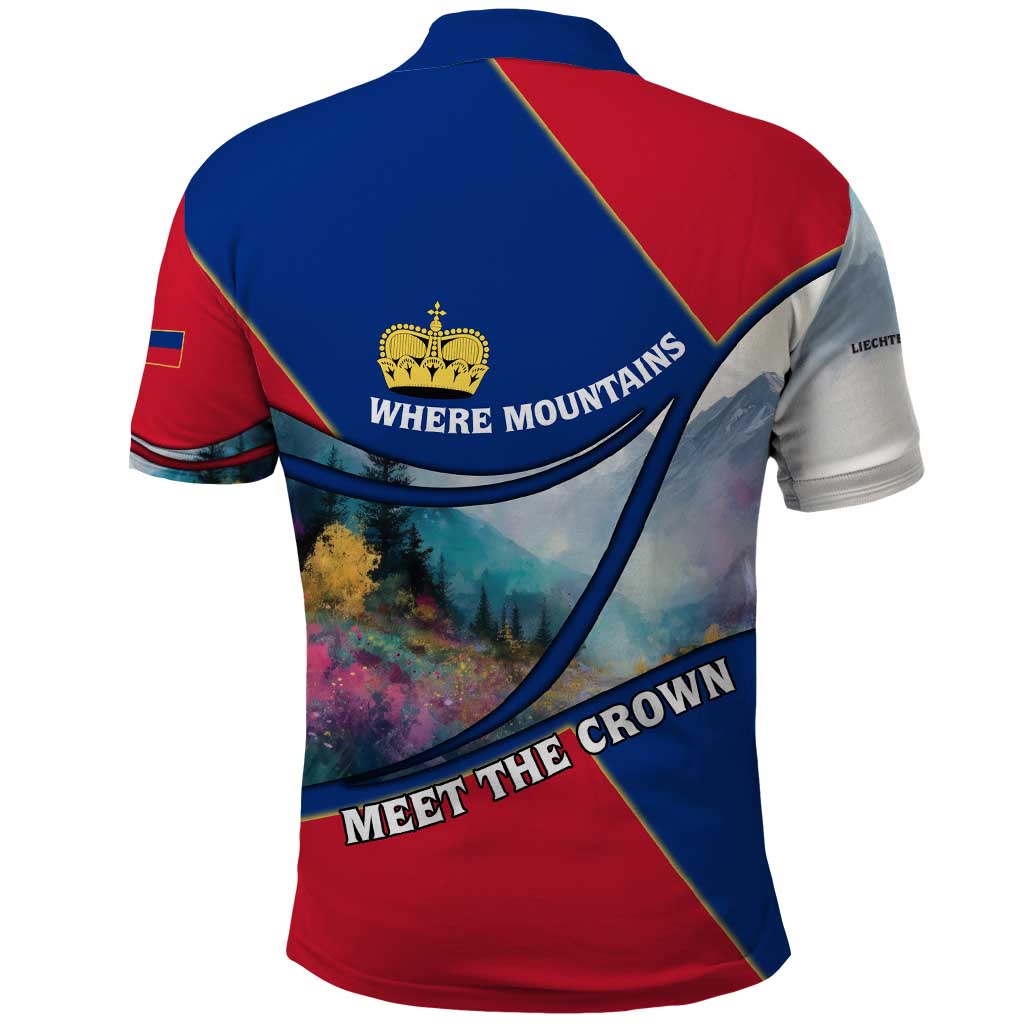 Liechtenstein Polo Shirt with Red Blue Mountain Landscape Design and Crown Emblem TS04
