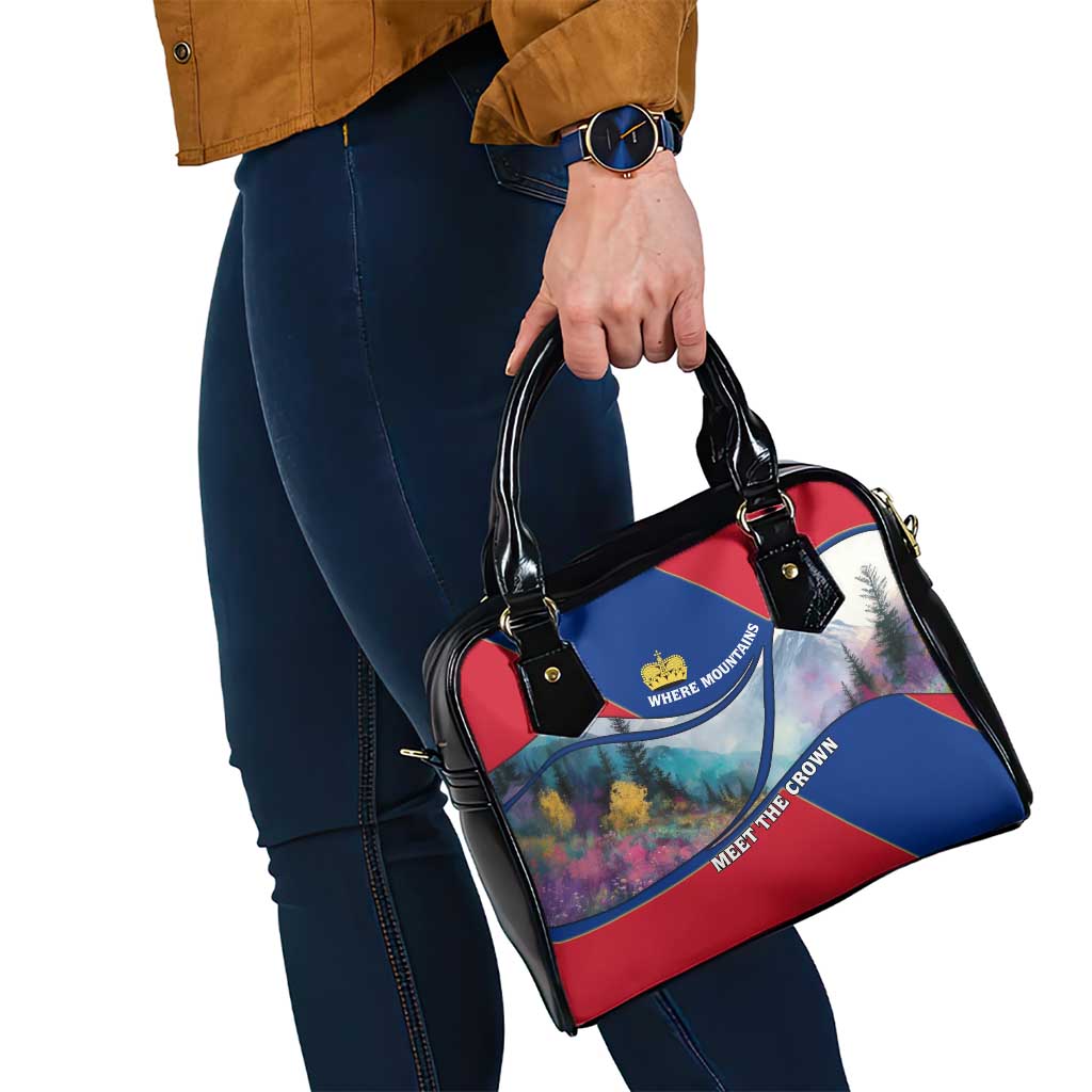 Liechtenstein Shoulder Handbag with Red Blue Mountain Landscape Design and Crown Emblem TS04