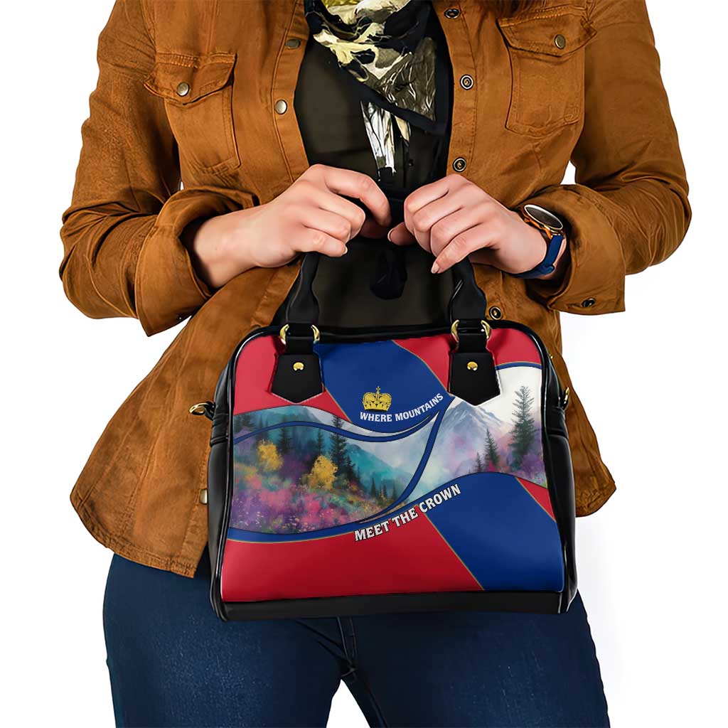 Liechtenstein Shoulder Handbag with Red Blue Mountain Landscape Design and Crown Emblem TS04