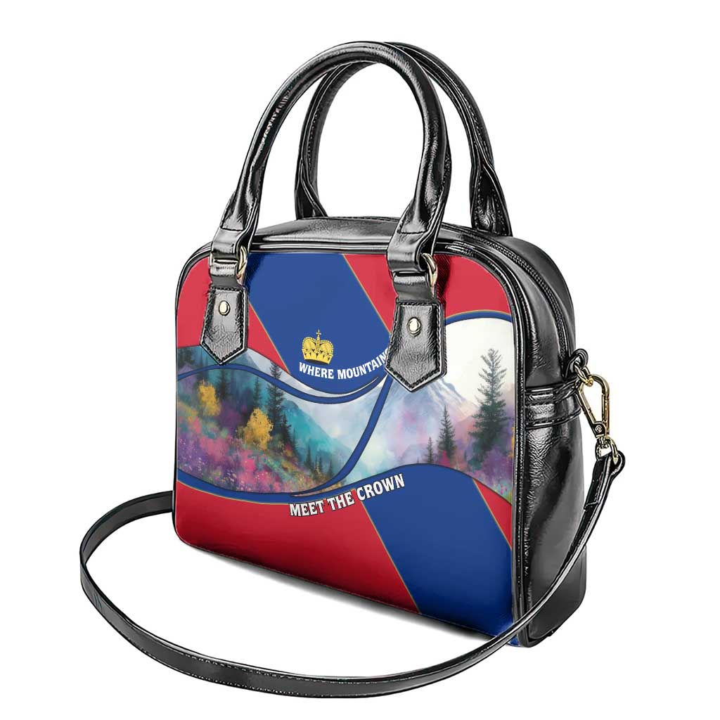Liechtenstein Shoulder Handbag with Red Blue Mountain Landscape Design and Crown Emblem TS04