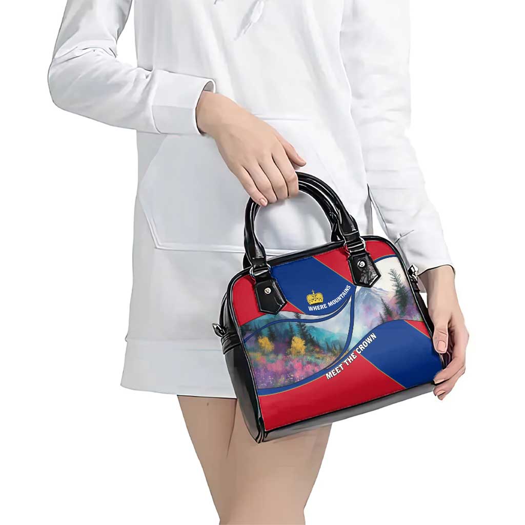 Liechtenstein Shoulder Handbag with Red Blue Mountain Landscape Design and Crown Emblem TS04