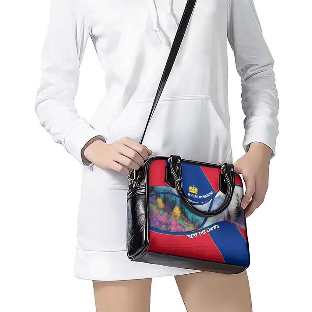 Liechtenstein Shoulder Handbag with Red Blue Mountain Landscape Design and Crown Emblem TS04