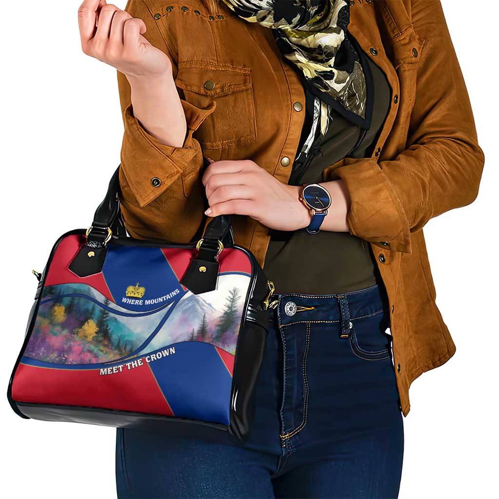 Liechtenstein Shoulder Handbag with Red Blue Mountain Landscape Design and Crown Emblem TS04