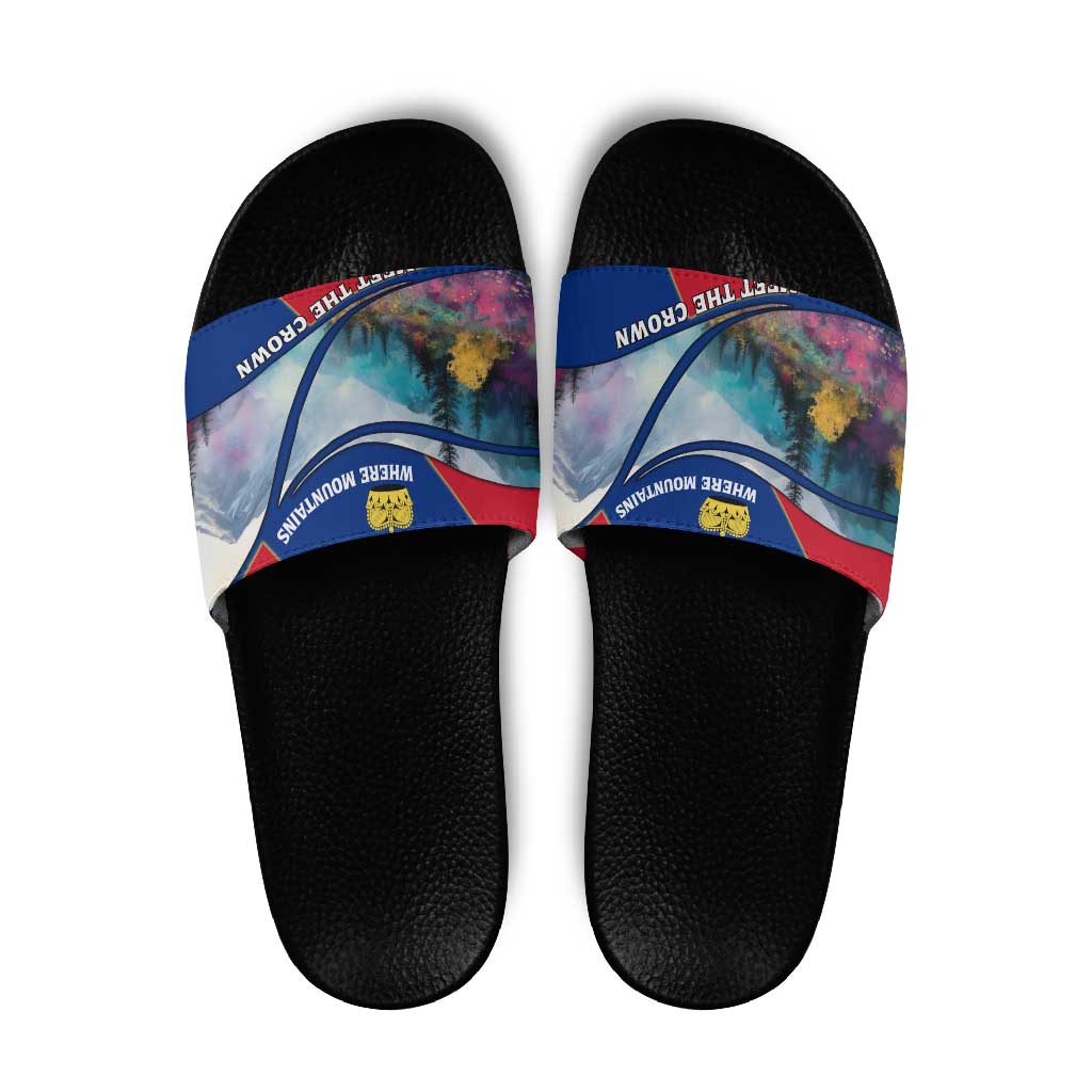 Liechtenstein Slide Sandals with Red Blue Mountain Landscape Design and Crown Emblem TS04
