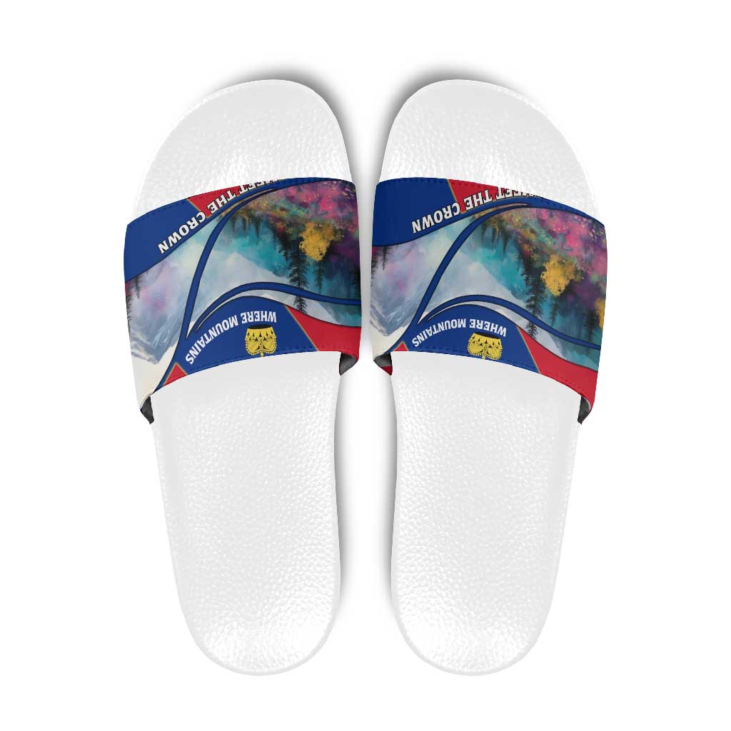 Liechtenstein Slide Sandals with Red Blue Mountain Landscape Design and Crown Emblem TS04
