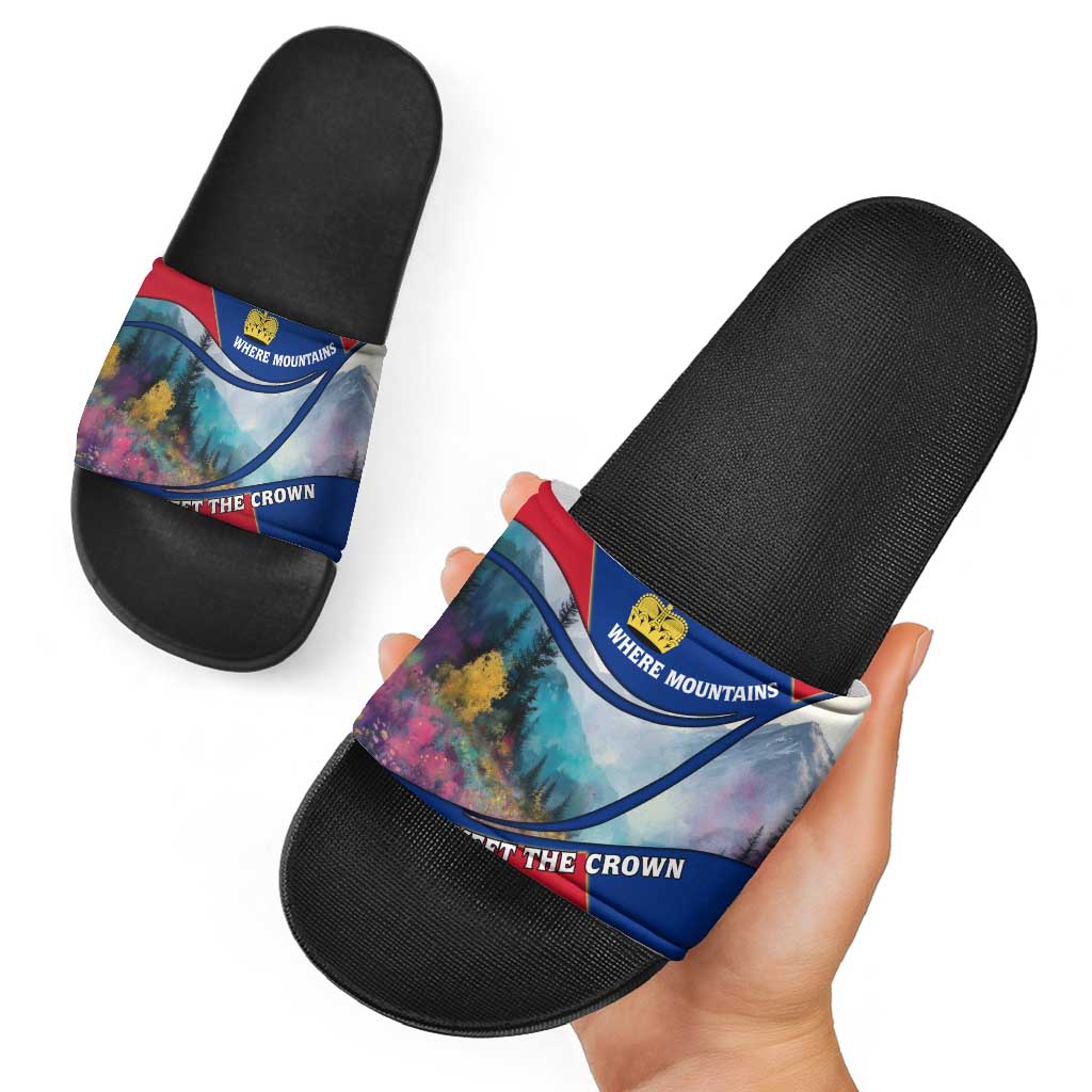 Liechtenstein Slide Sandals with Red Blue Mountain Landscape Design and Crown Emblem TS04