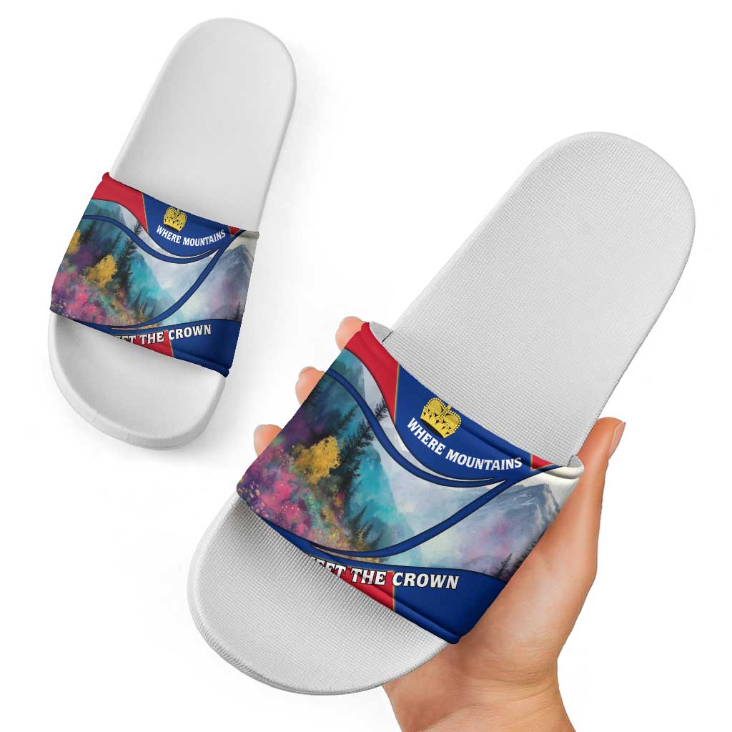 Liechtenstein Slide Sandals with Red Blue Mountain Landscape Design and Crown Emblem TS04