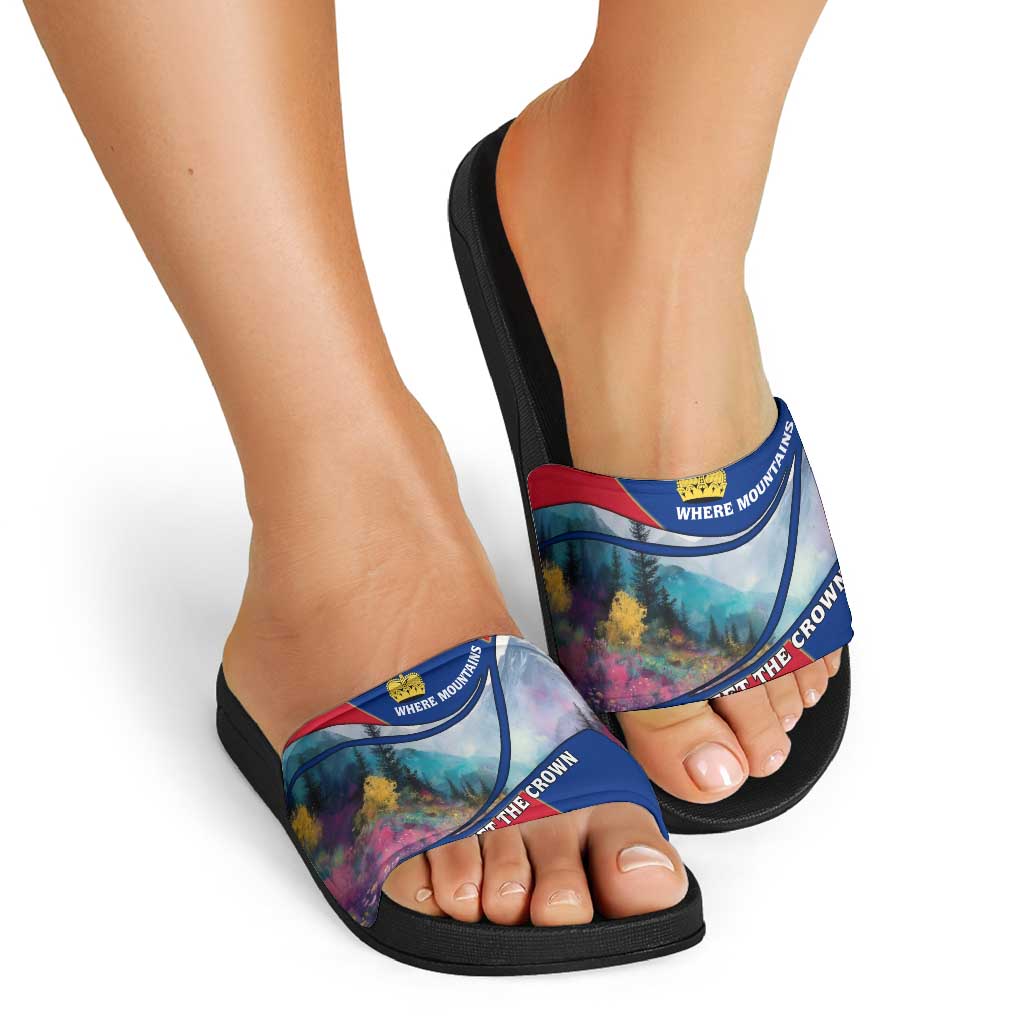 Liechtenstein Slide Sandals with Red Blue Mountain Landscape Design and Crown Emblem TS04