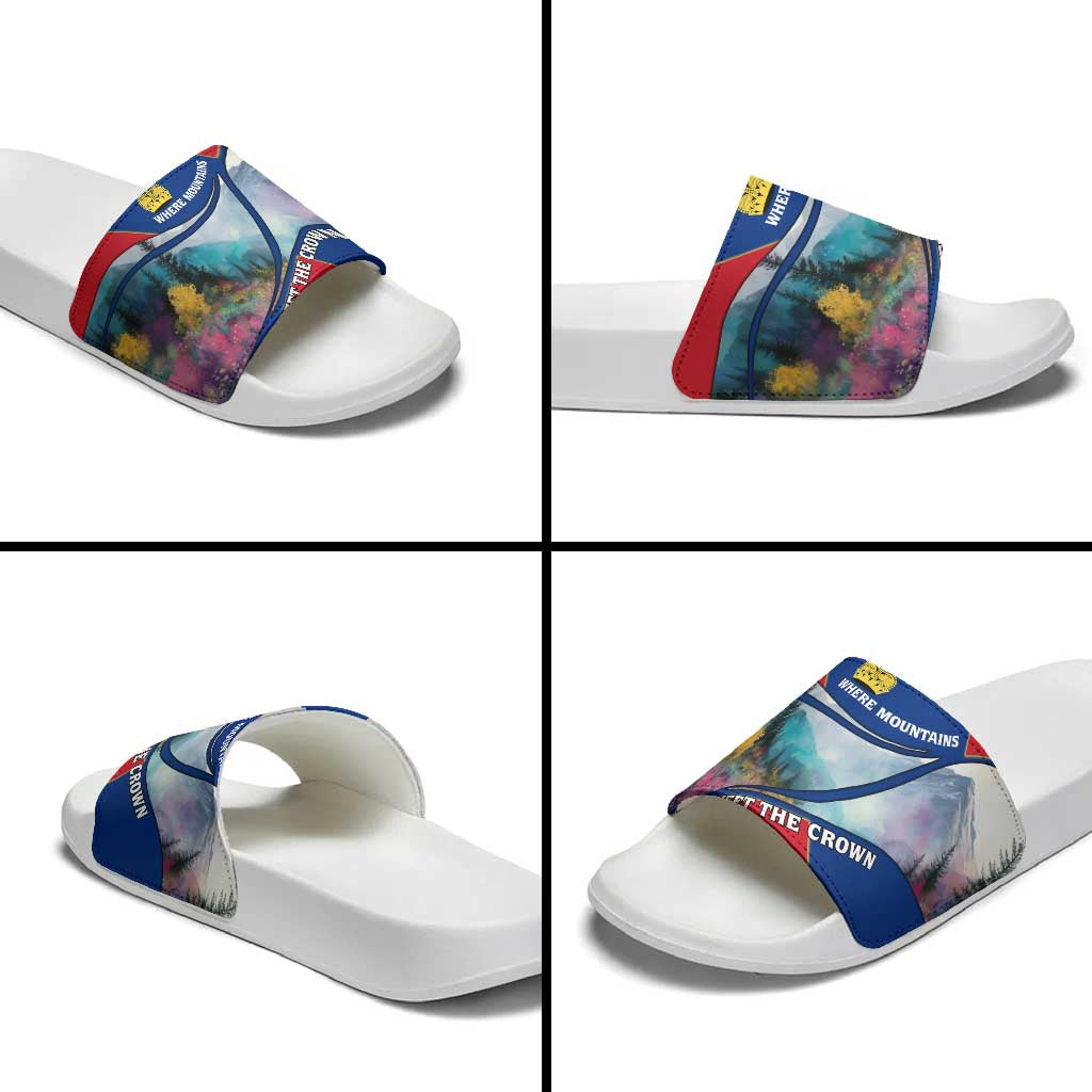 Liechtenstein Slide Sandals with Red Blue Mountain Landscape Design and Crown Emblem TS04