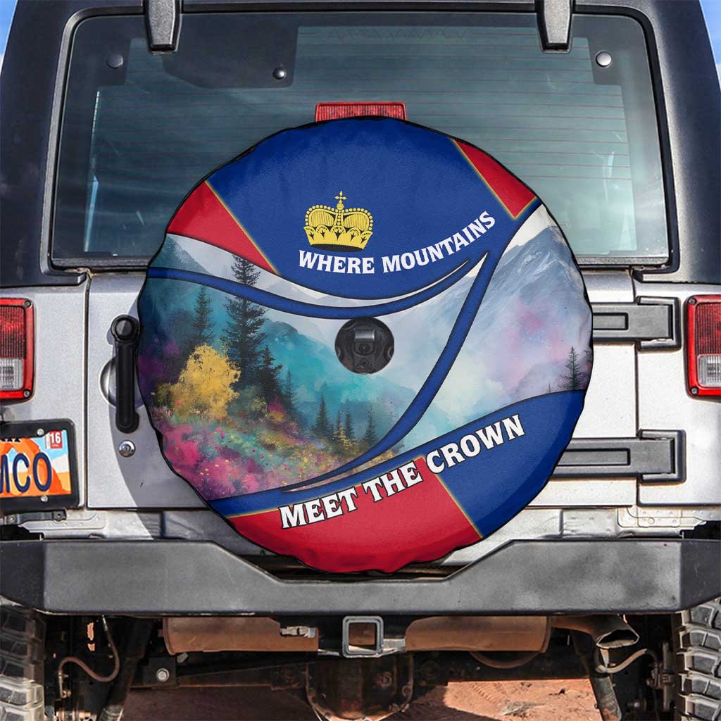 Liechtenstein Spare Tire Cover with Red Blue Mountain Landscape Design and Crown Emblem TS04