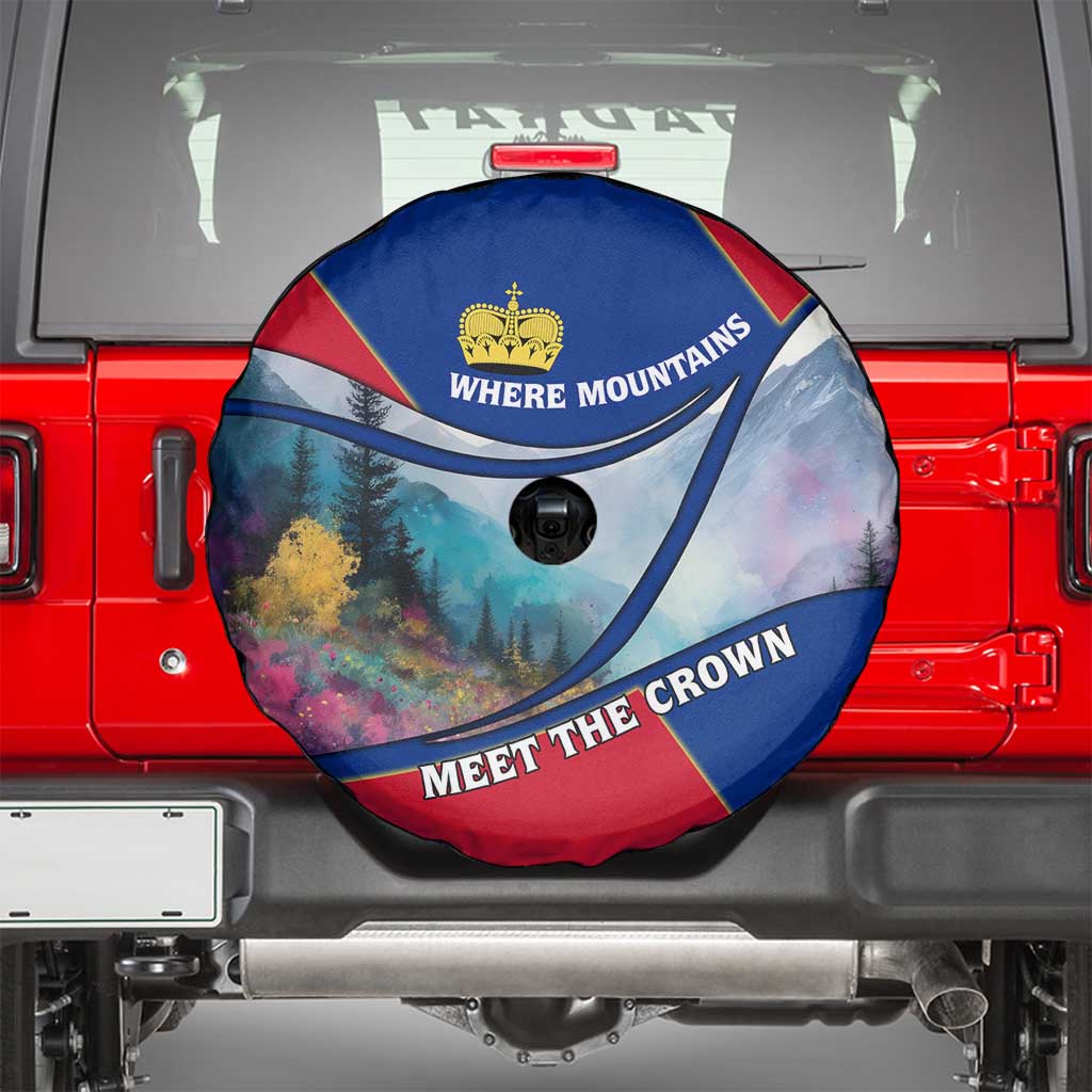 Liechtenstein Spare Tire Cover with Red Blue Mountain Landscape Design and Crown Emblem TS04