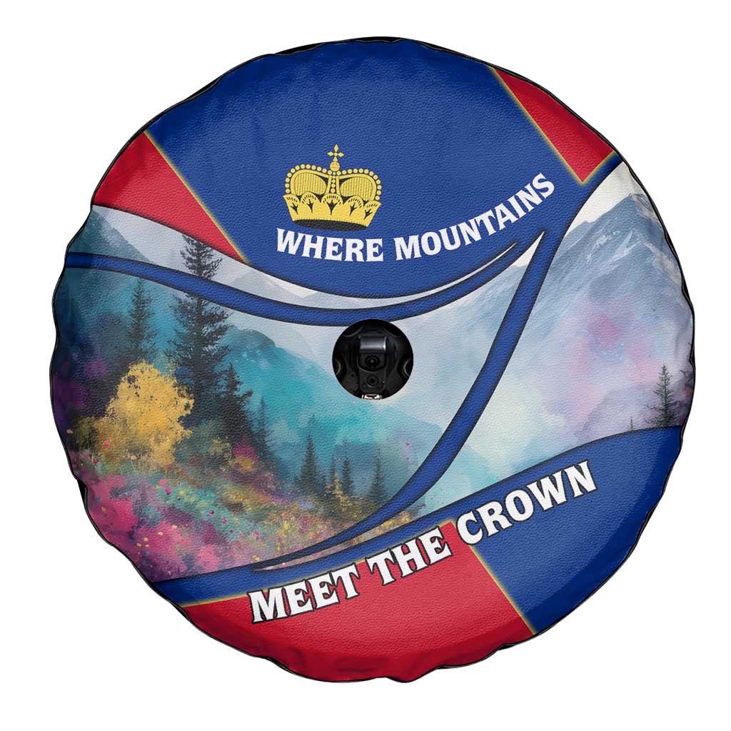 Liechtenstein Spare Tire Cover with Red Blue Mountain Landscape Design and Crown Emblem TS04