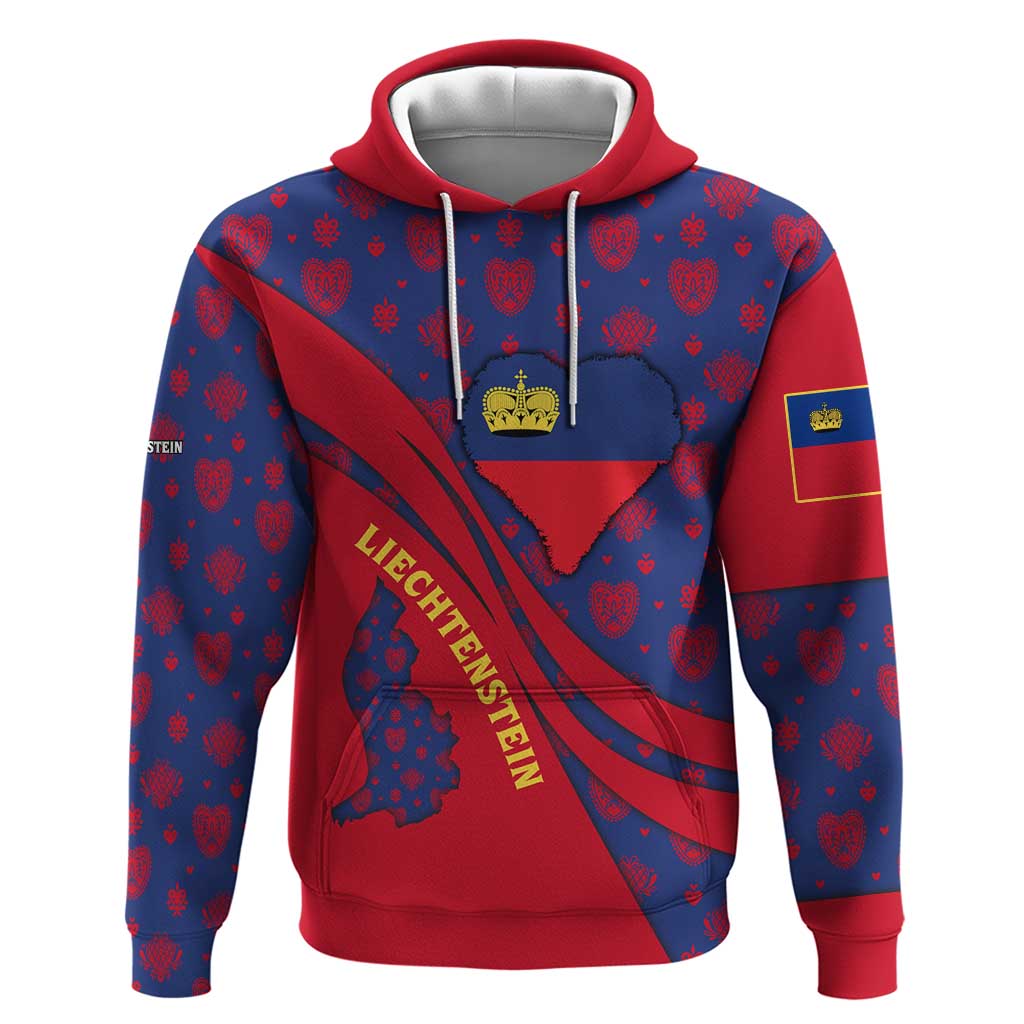Liechtenstein Hoodie with Red Blue Heart Design and Royal Coat of Arms Pattern TS04