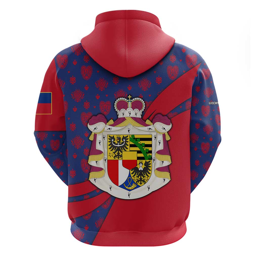 Liechtenstein Hoodie with Red Blue Heart Design and Royal Coat of Arms Pattern TS04