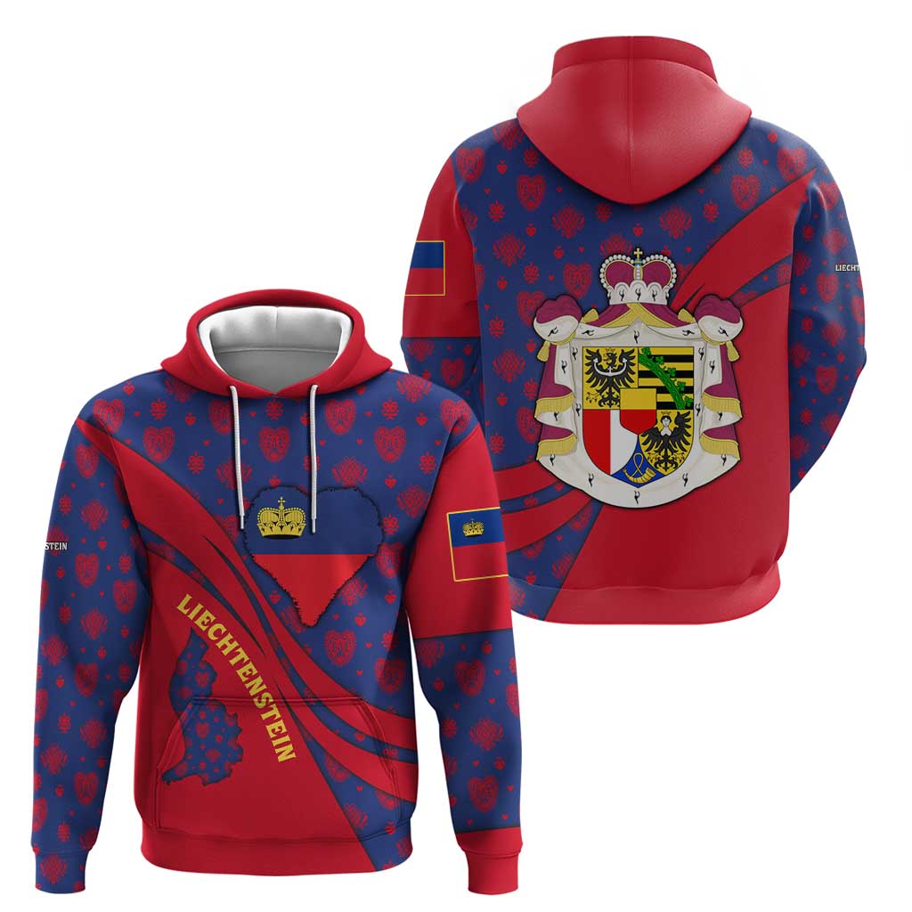 Liechtenstein Hoodie with Red Blue Heart Design and Royal Coat of Arms Pattern TS04