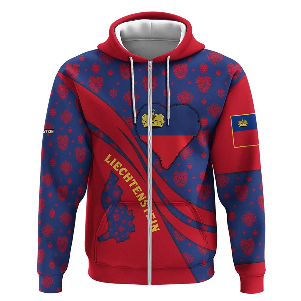 Liechtenstein Hoodie with Red Blue Heart Design and Royal Coat of Arms Pattern TS04