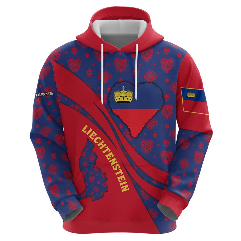 Liechtenstein Hoodie with Red Blue Heart Design and Royal Coat of Arms Pattern TS04