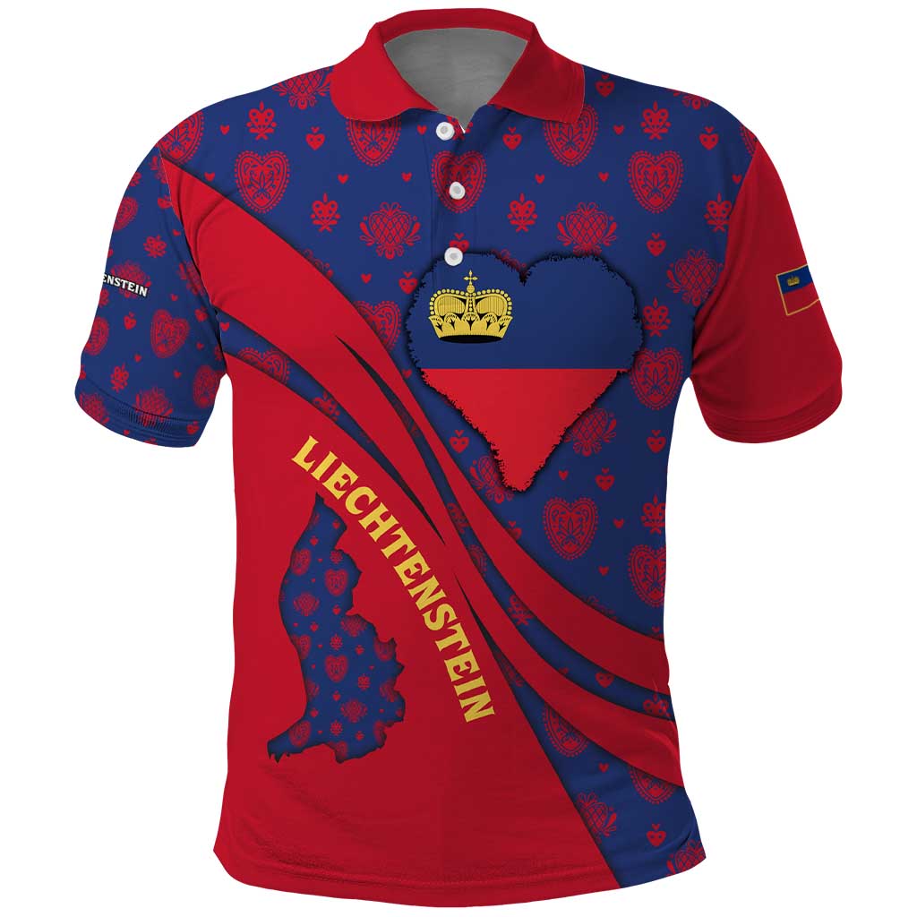 Liechtenstein Polo Shirt with Red Blue Heart Design and Royal Coat of Arms Pattern TS04