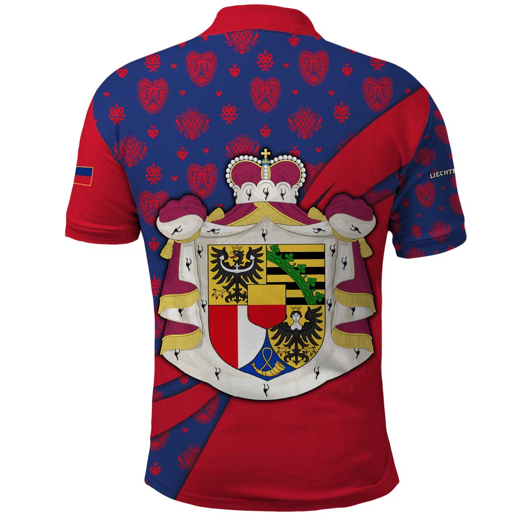 Liechtenstein Polo Shirt with Red Blue Heart Design and Royal Coat of Arms Pattern TS04
