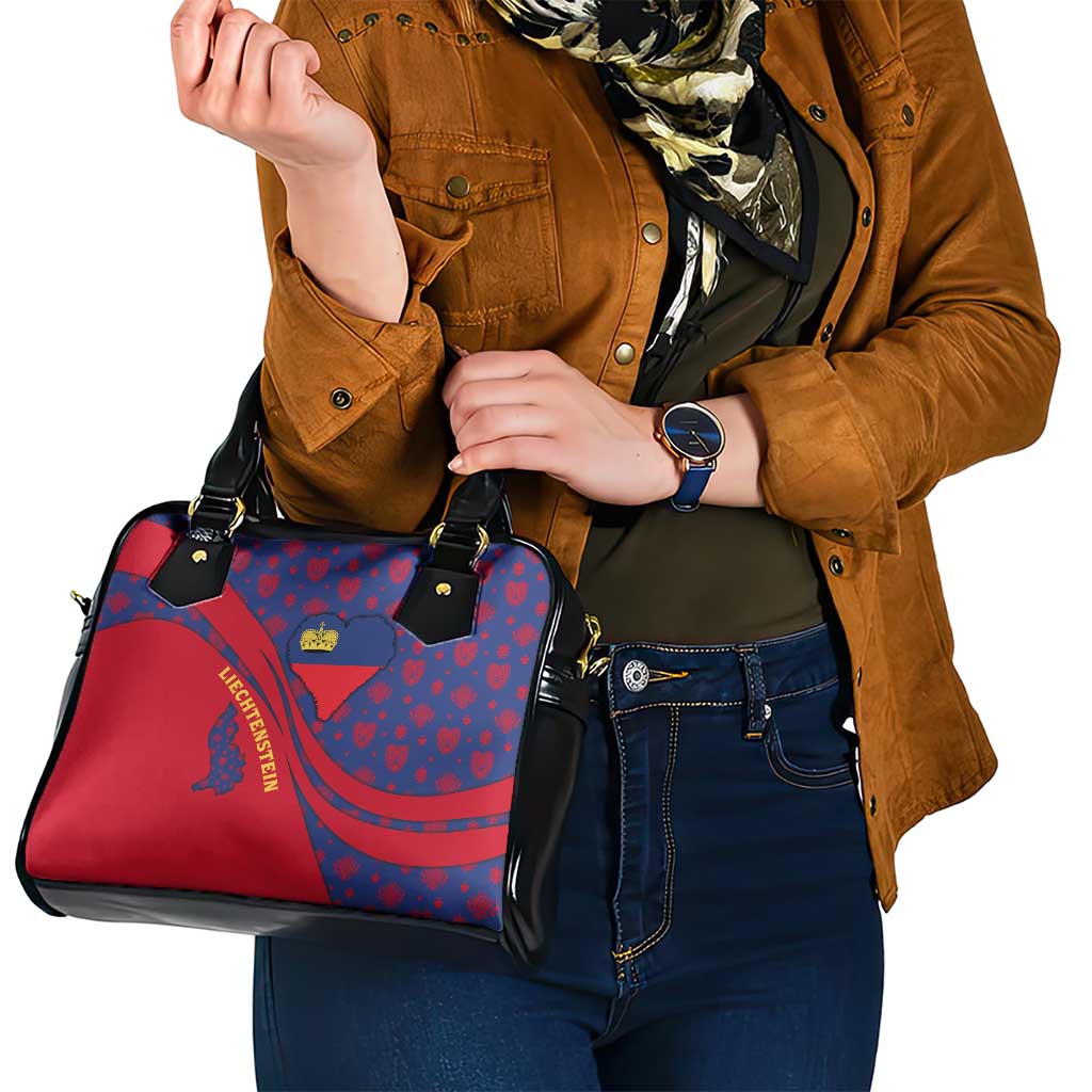 Liechtenstein Shoulder Handbag with Red Blue Heart Design and Royal Coat of Arms Pattern TS04