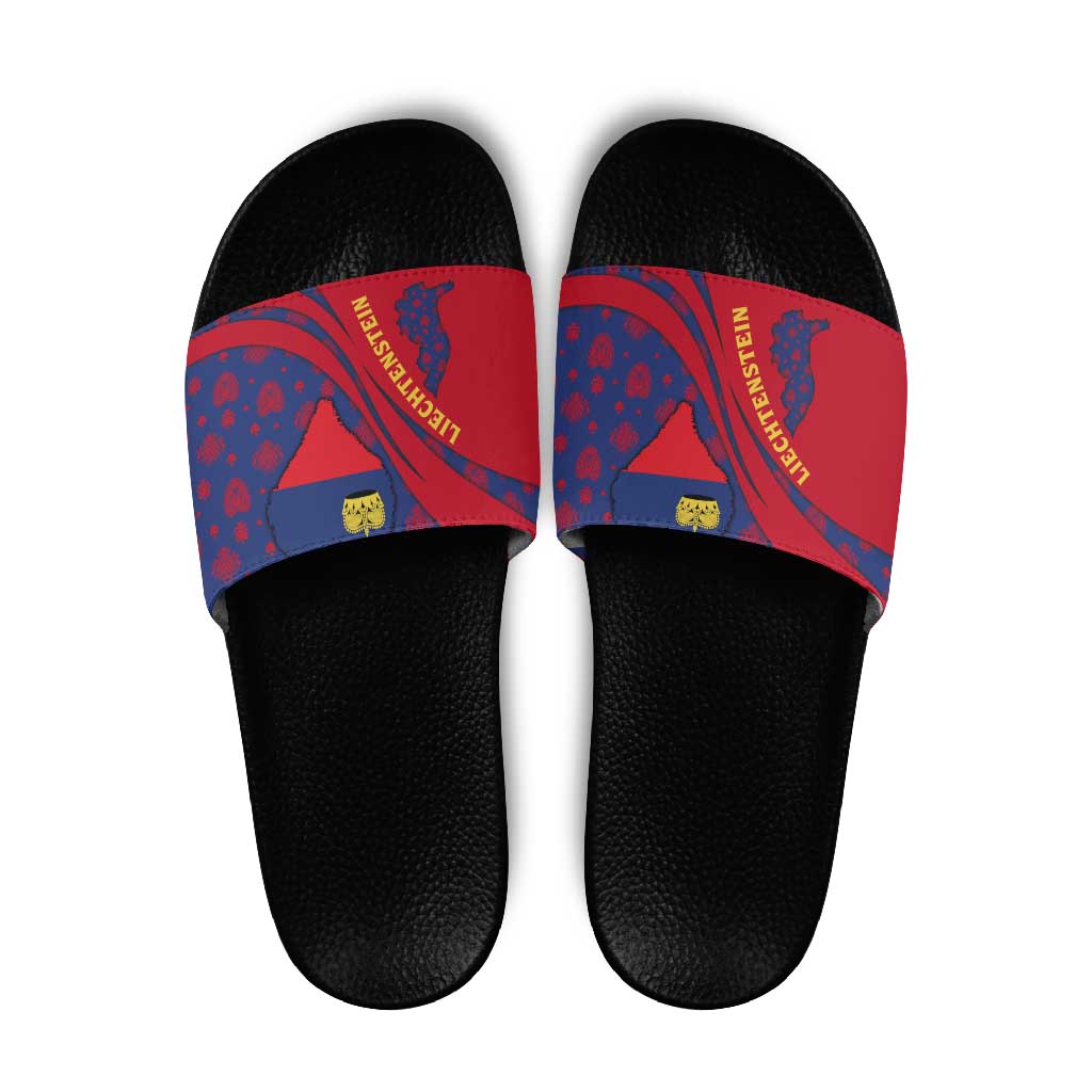 Liechtenstein Slide Sandals with Red Blue Heart Design and Royal Coat of Arms Pattern TS04