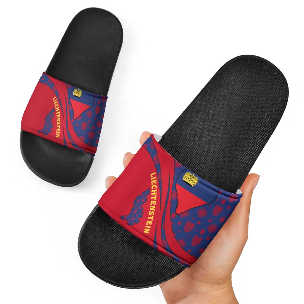 Liechtenstein Slide Sandals with Red Blue Heart Design and Royal Coat of Arms Pattern TS04