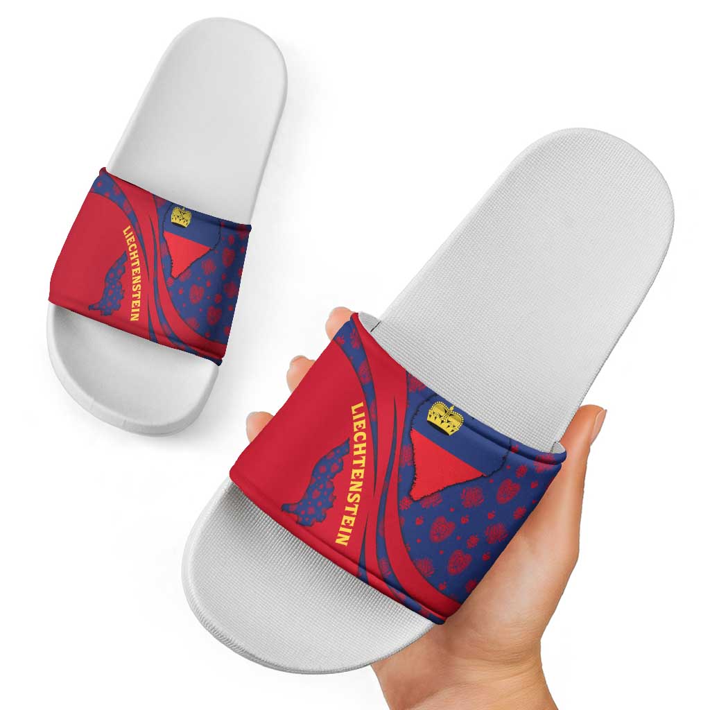 Liechtenstein Slide Sandals with Red Blue Heart Design and Royal Coat of Arms Pattern TS04