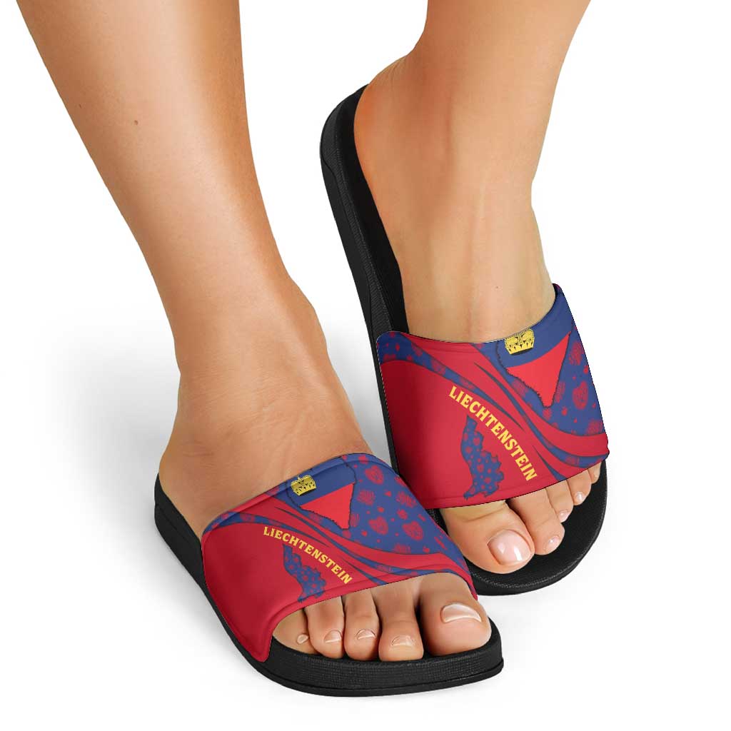 Liechtenstein Slide Sandals with Red Blue Heart Design and Royal Coat of Arms Pattern TS04