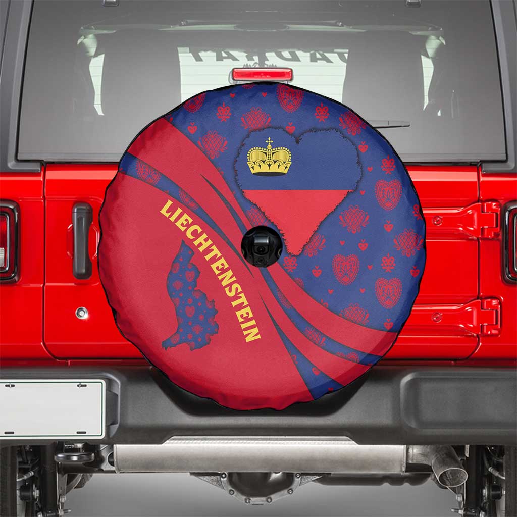 Liechtenstein Spare Tire Cover with Red Blue Heart Design and Royal Coat of Arms Pattern TS04