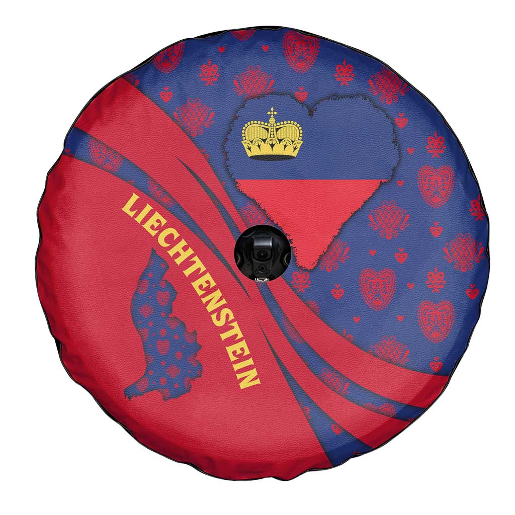 Liechtenstein Spare Tire Cover with Red Blue Heart Design and Royal Coat of Arms Pattern TS04