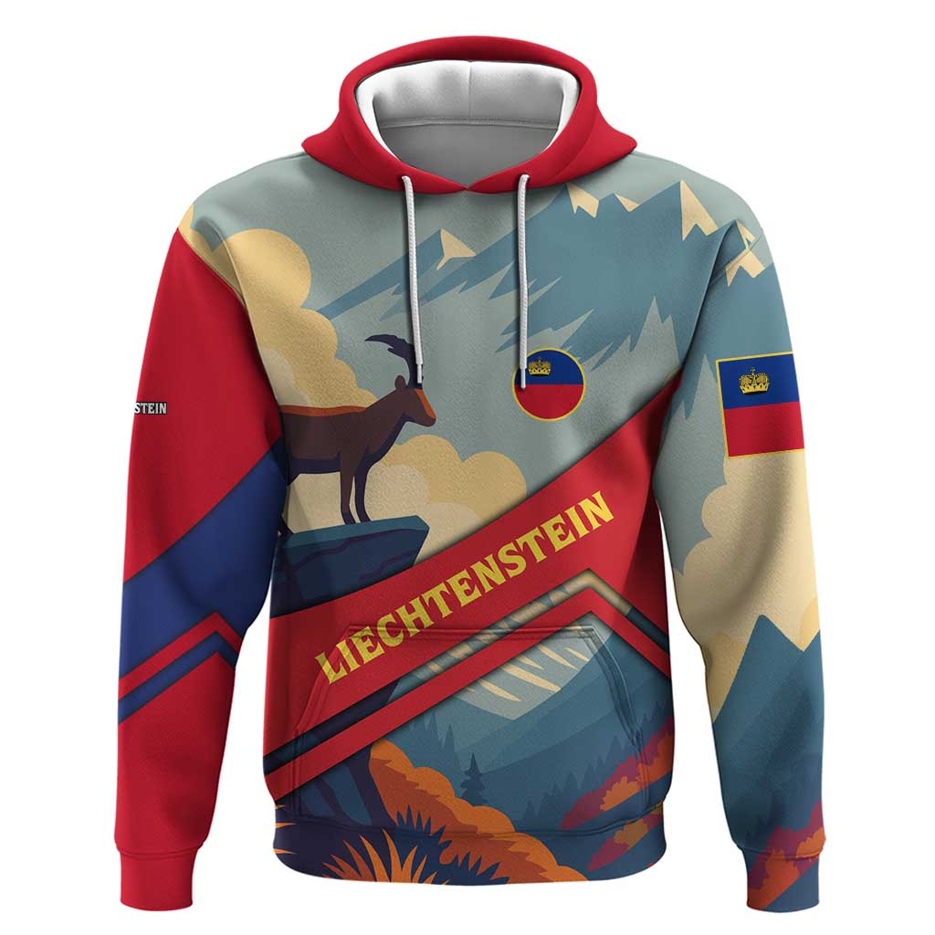 Liechtenstein Hoodie with Mountain Goat Landscape Design and Red Blue Alps TS04