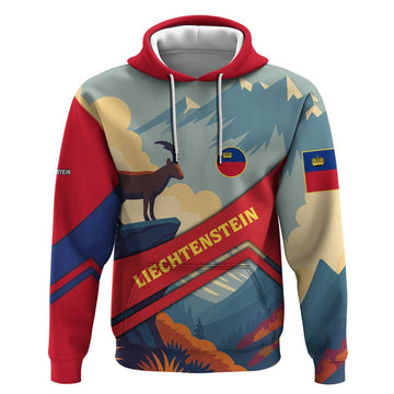 Liechtenstein Hoodie with Mountain Goat Landscape Design and Red Blue Alps TS04