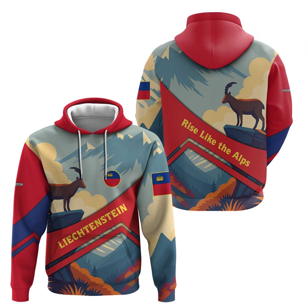 Liechtenstein Hoodie with Mountain Goat Landscape Design and Red Blue Alps TS04