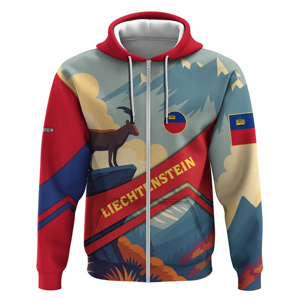 Liechtenstein Hoodie with Mountain Goat Landscape Design and Red Blue Alps TS04
