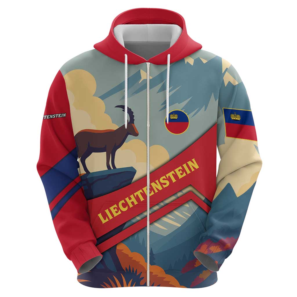 Liechtenstein Hoodie with Mountain Goat Landscape Design and Red Blue Alps TS04
