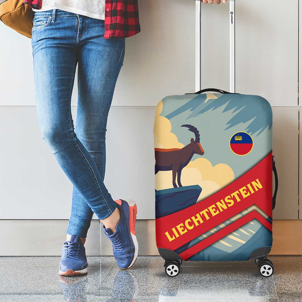 Liechtenstein Luggage Cover with Mountain Goat Landscape Design and Red Blue Alps TS04