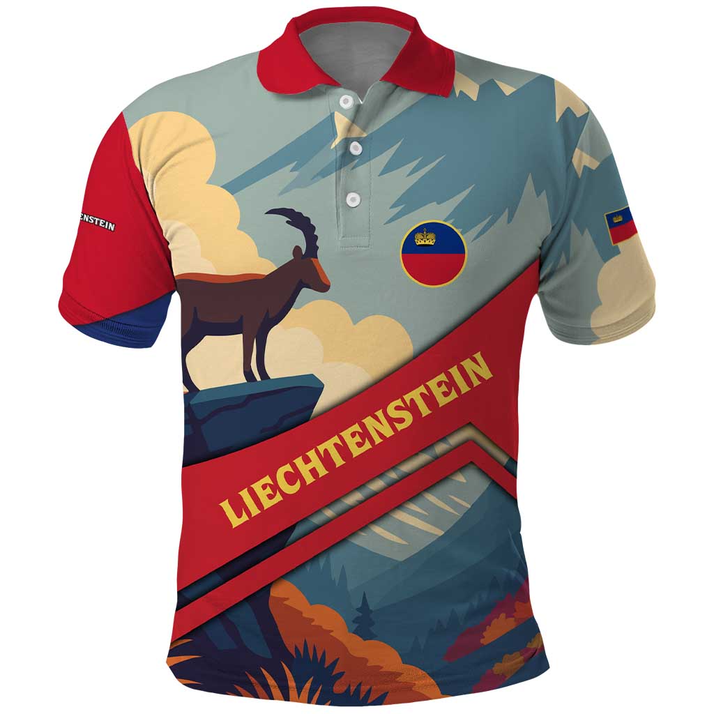 Liechtenstein Polo Shirt with Mountain Goat Landscape Design and Red Blue Alps TS04