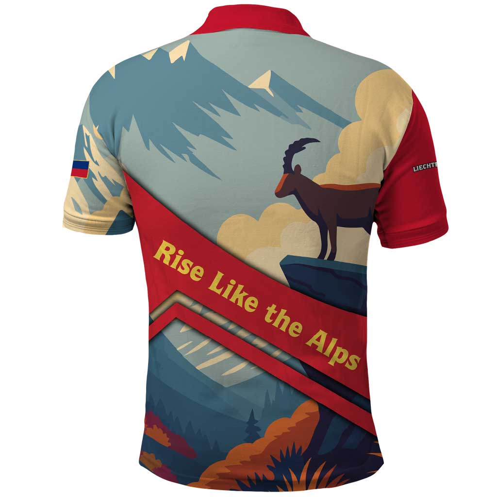 Liechtenstein Polo Shirt with Mountain Goat Landscape Design and Red Blue Alps TS04