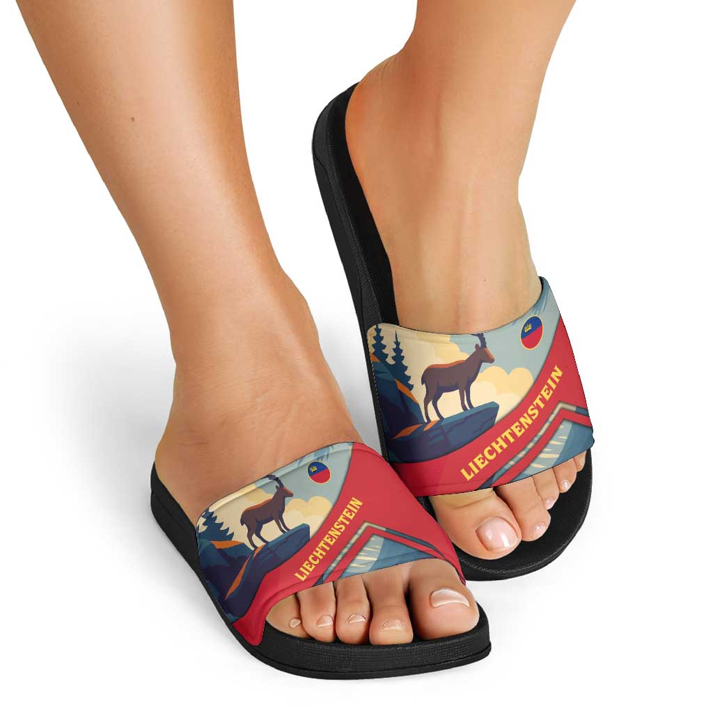 Liechtenstein Slide Sandals with Mountain Goat Landscape Design and Red Blue Alps TS04