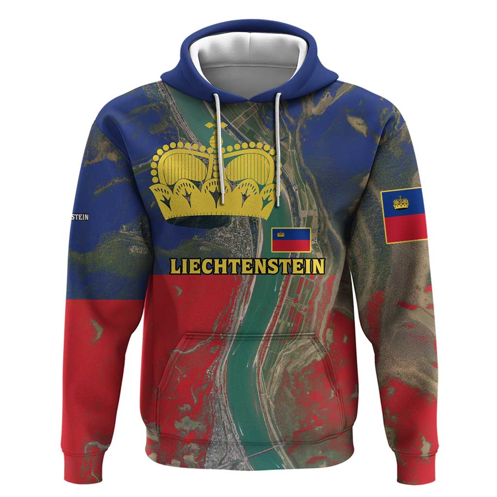 Liechtenstein Hoodie with Red Blue Aerial River Design and Yellow Crown Emblem TS04