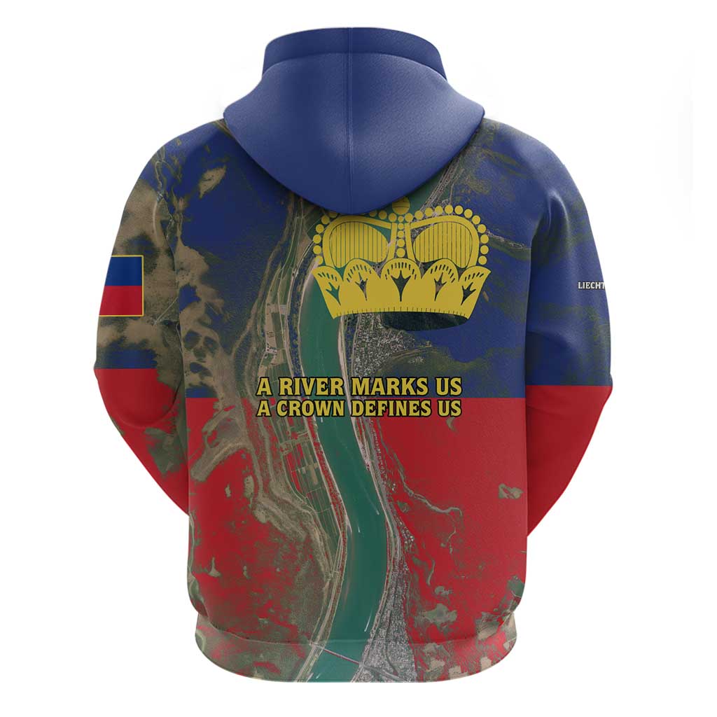 Liechtenstein Hoodie with Red Blue Aerial River Design and Yellow Crown Emblem TS04